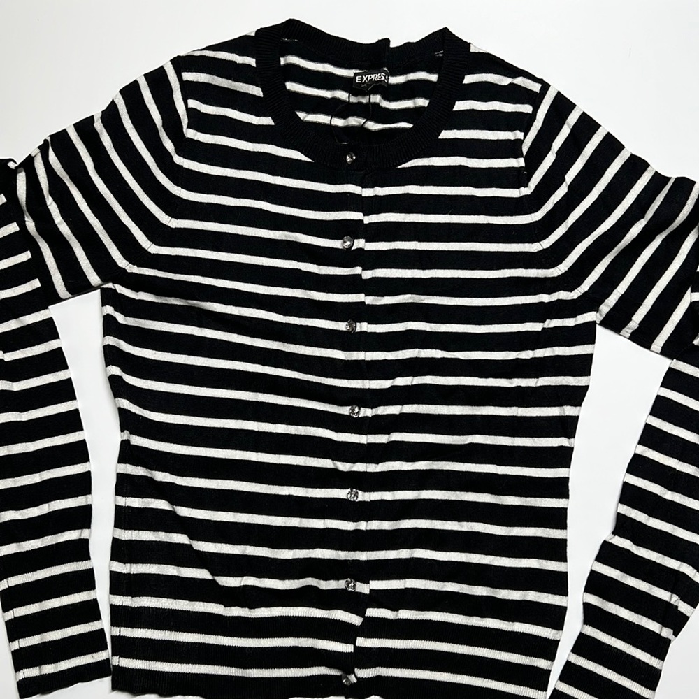 Express Striped Black and Offwhite Button Up Cardigan Diamond Sparkly Buttons